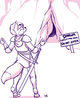anthro armor cave male melee_weapon sign solo sword tail text weapon aogami baileys canid canine fox mammal english_text hi_res line_art