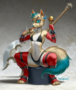 5_fingers anthro axe belt bikini black_bikini black_clothing black_swimwear clothing dessert female fingers food green_eyes grey_background holding_food holding_ice_cream holding_object ice_cream looking_at_viewer scar simple_background sitting smile solo swimwear tail two-piece_swimsuit vanharmontt canid canine fox mammal digital_media_(artwork) hi_res