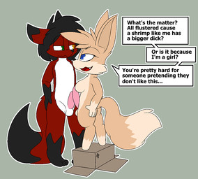 anthro balls comparing comparing_penis dialogue duo frottage genitals gynomorph humiliation intersex intersex/male looking_at_another looking_away male penile penis penis_humiliation penis_size_difference penises_touching sex size_difference small_penis_humiliation text nightfire cyrus_nightfire canid canine fennec_fox fox mammal true_fox english_text