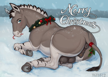 animal_genitalia animal_vulva anus blue_eyes blush bow_ribbon butt christmas_candy christmas_clothing christmas_wreath clothing detailed_background equine_anus equine_genitalia equine_vulva eyelashes female feral fur genital_piercing genitals gold_piercing hair holding_object holidays hooves looking_at_viewer lying lying_on_ground lying_on_snow medium_tail merry_christmas mistletoe mistletoe_on_tail mouth_hold multicolored_hair nude on_ground on_side outside piercing plant puffy_anus ribbons ring_piercing short_hair short_male sky snow snow_on_body snow_on_fur snowing solo striped_body striped_fur striped_legs stripes tail tail_tuft tan_body tan_fur teats text tuft two_tone_hair underhoof vulva vulva_piercing white_body white_fur white_nose wreath conditional_dnp tgt1512 christmas tj_(nightdancer) african_wild_ass asinus donkey equid equine mammal digital_media_(artwork) english_text