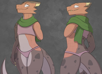 anthro broken_horn burn_scar clothing fangs female flat_chested front_view grey_body grey_scales horn panties partially_clothed_female rear_view scales scar shawl simple_background solo tail teeth thick_tail underwear ahatas elizabeth_(ahatas) lizard reptile scalie