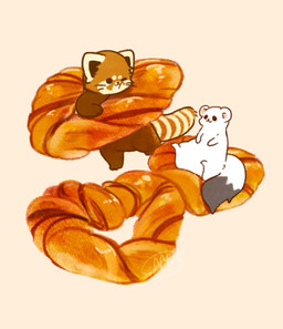 ambiguous_gender biped bread brown_body brown_fur chibi dot_eyes duo feral food fur micro one_eye_closed orange_body orange_fur simple_background simple_eyes sitting white_body white_fur wink shi_nominmin shinomy ailurid mammal mustelid musteline red_panda stoat true_musteline weasel 2019 2020 hi_res