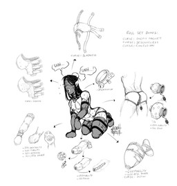 bdsm blindfold bondage bound chastity_cage chastity_device gag gagged genitals humanoid_pointy_ears leather lock male not_furry padlock penetration penis pointy_ears solo text urethral urethral_penetration viddharta-joshua olgoi_khorkhoi humanoid orc english_text hi_res monochrome