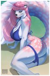 anthro big_breasts bikini biped border breasts butt cleavage clothed clothing female fur hair markings multicolored_body multicolored_fur pink_hair pupils solo spots spotted_body spotted_fur swimwear thick_thighs two-piece_swimsuit two_tone_body two_tone_fur white_border mariart mammal mustelid musteline stoat true_musteline weasel 2024 2:3 hi_res