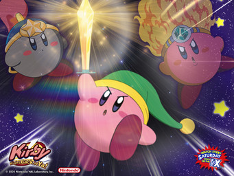 ambiguous_gender blush blush_stickers clothing copyright_symbol cosmic_background detailed_background fighting_pose fire glistening hat headgear headwear holding_melee_weapon holding_object holding_sword holding_weapon logo melee_weapon not_furry pose rainbow space star starry_background sword symbol text weapon y2k_(graphic_design) young young_ambiguous unknown_artist 4kids_entertainment foxbox_(tv) kirby:_right_back_at_ya! kirby_(series) nintendo fire_kirby kirby stone_kirby sword_kirby alien waddling_head 2002 4:3 copyright_name english_text official_art promotional_material wallpaper