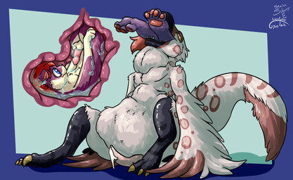 anal anthro anthro_pred anthro_prey biped blue_eyes bodily_fluids claws duo genitals internal leg_markings male male/male male_pred male_prey markings oral_vore organs paws penis purple_body red_markings same_size_vore socks_(marking) stomach stomach_acid tongue tongue_out vore white_body winter_coat gyrotech silent_e blitzstoat_(gyro) dinosaur dromaeosaurid mammal mustelid musteline prehistoric_species reptile saurischian scalie stoat theropod true_musteline weasel hi_res