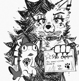 :3 anthro award biped collar derp_eyes fangs_bared feral fluffy_body footprint hair heart_pupils held_up ink_drip long_hair pawpads pawprint quadruped spiked_collar spikes star_sticker stickers_on_face text tongue tongue_out fc5 lady_silver_(fc5) canid canine canis land_shark_(species) mammal wolf 2025 english_text hi_res monochrome