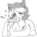 anthro big_breasts blush blush_lines bodily_fluids breasts breath cheese chest_markings cleavage clothed clothing crossgender dairy_products eating eye_markings eyes_closed female food fur markings melted_cheese overweight pizza purring shirt smile solo sweat tongue tongue_out topwear white_body white_fur nijocest reku_(akubon) domestic_cat felid feline felis mammal persian_cat monochrome sketch