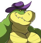 anthro clothing green_body hat headgear headwear male musclegut muscular pecs purple_clothing purple_hat purple_headwear sharp_teeth simple_background smile solo teeth white_background yellow_sclera darknaigart brok_the_investigator cowcat_games brok_(brok_the_investigator) alligator alligatorid crocodilian reptile scalie 2024 absurd_res hi_res portrait