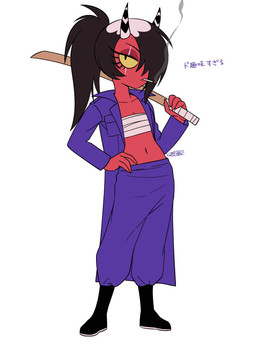 bandage bandaged_chest cigarette cigarette_smoke female horn not_furry simple_background smoke smoking smoking_cigarette text white_background enaic31 hellaverse helluva_boss sallie_may_(helluva_boss) demon demon_humanoid humanoid imp absurd_res hi_res japanese_text translation_request trans_(lore) trans_woman_(lore)