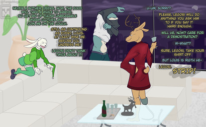 alcohol amputee anthro beverage clothing container cup dialogue disability drinking_glass female furniture glass glass_container glass_cup group male night prosthetic prosthetic_leg prosthetic_limb robe robe_only smug sofa text trio undressing window wine wine_glass tenge_mage beastars haru_(beastars) legoshi_(beastars) louis_(beastars) canid canine canis deer lagomorph leporid mammal rabbit wolf absurd_res comic english_text hi_res