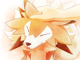 ambiguous_gender blep blessed_image blush blush_lines disembodied_hand duo eyes_closed feral fluffy fur petting sitting solo_focus tail tongue tongue_out kemonobito nintendo pokemon canid canine generation_7_pokemon human lycanroc mammal midday_lycanroc pokemon_(species) 4:3
