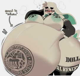 belly big_belly big_breasts black_eyebrows blush breasts breath buckteeth directional_arrow eyebrows eyelashes floppy_ears huge_belly huge_breasts huge_navel humor hyper hyper_belly inflation light_body lop_ears navel open_mouth open_smile outie_navel pun simple_background smile tail teeth text thick_eyebrows thick_thighs white_background stonic united_states_federal_reserve_system lagomorph leporid mammal rabbit 2025 digital_media_(artwork) english_text hi_res