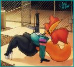 anthro anthrofied big_breasts big_butt black_body black_fur blue_border border bottomless breasts butt cleavage clothed clothing curvy_figure delphox detailed_background female footwear fur generation_6_pokemon ghetto_delphox gun hair hi_res high_heels jacket looking_at_viewer multicolored_body multicolored_fur night nintendo outside platform_footwear platform_heels pokemon pokemon_(species) pokemorph ranged_weapon red_body red_fur shoes signature sligarthetiger solo thick_thighs topwear voluptuous voluptuous_female weapon white_body white_fur wide_hips yellow_body yellow_fur