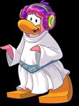 belt blue_belt clothing cosplay electronics female hair hair_buns headphones looking_at_viewer medium_hair multicolored_hair open_mouth pink_body pink_hair purple_hair robe solo toony two_tone_hair upper_teeth_only white_clothing white_robe unknown_artist club_penguin star_wars dj_cadence leia_organa avian bird penguin alpha_channel full-length_portrait official_art portrait