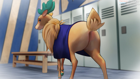 ambiguous_gender antlers bench butt detailed_background eyebrows feral horn inside locker locker_room looking_at_viewer solo text toony conditional_dnp mercurial64 them's_fightin'_herds velvet_reindeer_(tfh) deer mammal new_world_deer reindeer 2020 digital_media_(artwork) digital_painting_(artwork) hi_res painting_(artwork) url female_(lore)