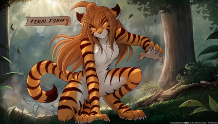 4_toes 5_fingers anthro biped black_stripes breasts brown_hair casual_nudity claws crouching digitigrade featureless_breasts feet female finger_claws fingers forest front_view fur hair looking_at_viewer markings navel nude nude_anthro nude_female orange_body orange_fur orange_tail outside plant solo striped_body striped_fur striped_markings striped_tail stripes tail tail_markings toe_claws toes tree conditional_dnp narikusha tom_fischbach twokinds flora_(twokinds) felid keidran mammal pantherine tiger 2026 7:4 digital_drawing_(artwork) digital_media_(artwork) hi_res