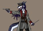 anthro claws clothing coat ears_back female fur grey_body grey_fur gun hair knife luger military_gear military_uniform officers'_hat pivoted_ears purple_hair ranged_weapon solo tail topwear trenchcoat uniform weapon white_body white_fur hunamarts hedda_wolf sergal absurd_res hi_res