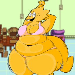anthro belly belly_focus big_belly big_breasts big_butt blush bodily_fluids breasts buckteeth butt cellulite clothed clothing eyes_closed eyewear female glasses huge_butt non-mammal_breasts smile solo stretching sweat sweatdrop tail teeth thick_thighs wide_hips yellow_body darasuke nsfwfuan undertale undertale_(series) alphys lizard reptile scalie 1:1 absurd_res digital_drawing_(artwork) digital_media_(artwork) hi_res shaded