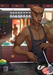 anthro apron apron_only bovid brown_body brown_fur caprine claws clothed clothing cooking cookware detailed_background duo euplerid felix_(kevintheradioguy) food fossa fruit frying_pan fur genitals goat hi_res horn humanoid_genitalia humanoid_penis kevintheradioguy kitchen kitchen_utensils lemon looking_down male mammal mostly_nude nude penis pink_nose plant solo_focus spatula tan_body tan_fur tools watermark whiskers yellow_eyes yellow_sclera