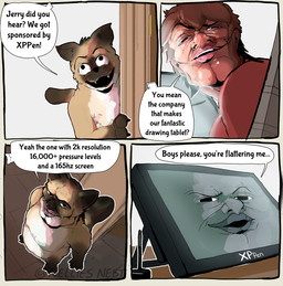 advertisement anthro black_body black_ears black_eyebrows black_eyes black_fur black_hands black_legs black_nose black_tail_tip border brown_body brown_fur dialogue dipstick_tail eyebrows fangs fur group half-closed_eyes lips looking_at_viewer male markings muscular muscular_human muscular_male narrowed_eyes pink_lips smile speech_bubble spots standing tablet tail tail_markings teeth text trio upper_teeth white_body white_border white_fur nellies_nest mewing_(meme) animate_inanimate domestic_cat felid feline felis human mammal absurd_res comic english_text hi_res