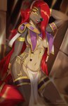 anthro breasts clothed clothing crotch_apron egyptian egyptian_clothing female female_anthro floppy_ears front_view fur hair hands_behind_back hands_behind_head jewelry kemono long_hair looking_at_viewer midriff navel nipple_outline open_mouth red_eyes red_hair sand smile solo tongue under_boob purplelemons jenny_(purplelemons) canid canine canis domestic_dog mammal digital_media_(artwork) hi_res