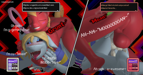anal anal_penetration animal_genitalia animal_penis anthro balls black_sclera blonde_hair blue_eyes blush blush_lines bodily_fluids cum cum_while_penetrated duo equine_genitalia equine_penis freckled_face freckles fucked_silly gameplay_mechanics genital_fluids genitals hair leaking_cum male male/male motion_lines nude penetration penile penile_penetration penis penis_in_ass red_body sex tail text addoncomplete86 aeridiccore_(modeler) kabalmystic_(modeler) earthbound_(series) friendship_is_magic hasbro mother:_cognitive_dissonance my_little_pony nintendo big_macintosh_(mlp) niiue alien equid equine gieeg horse mammal pony 256:135 3d_(artwork) 4k absurd_res comic digital_media_(artwork) english_text hi_res
