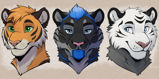 abstract_background anthro black_body black_eyebrows black_fur blue_eyes blue_hair eyebrows facial_markings fur green_eyes hair head_markings looking_at_another looking_at_viewer male markings orange_body orange_fur pink_nose smile striped_body striped_fur stripes tuft whiskers white_body white_fur migomigart polosatik_(character) felid feline mammal pantherine tiger hi_res portrait