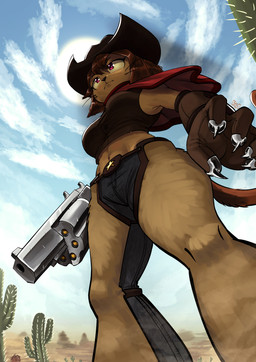 anthro bottomwear breasts cactus cape cast_shadow claws clothed clothing cloud dessert female food gloves gun gun_arm hair handgun handwear hat headgear headwear plant ranged_weapon revolver short_hair shorts solo standing sun tail weapon weapon_arm daniart_xd gameoverse glitch_productions kit_bodega domestic_cat felid feline felis mammal 2026 absurd_res hi_res