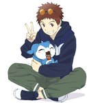 anthro blush brown_hair candy chocolate clothing dessert duo eating eyewear food gesture grin hair hand_gesture hoodie jacket male smile solo sunglasses topwear v_sign dgmn9981 bandai_namco digimon davis_motomiya demiveemon digimon_(species) hi_res