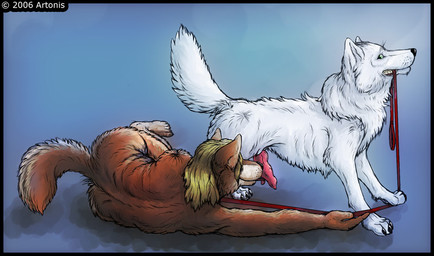 1_missing_limb ambiguous_gender amputee animal_genitalia animal_penis anthro anthro_on_feral bestiality canine_genitalia canine_penis collar disability duo erection feral genitals interspecies intraspecies intraspecies_bestiality knot leash leash_in_mouth licking lying male nude object_in_mouth on_side oral penile penis penis_lick rear_view sex side_view tail tongue tongue_out artonis javadog canid canine canis domestic_dog mammal 2006 female_(lore)
