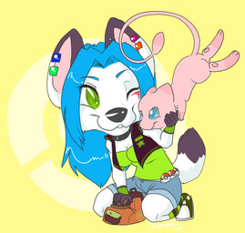 3_fingers 3_toes 5_fingers alternative_fashion ambiguous_gender anthro backpack blue_eyes blue_hair bottomwear breasts chibi cleavage clothed clothing collar daww dipstick_tail duo ear_piercing feet female feral fingers flying footwear fully_clothed fur gloves_(marking) green_eyes hair kneeling legwear looking_aside looking_at_another markings multicolored_tail nude one_eye_closed piercing pink_body pink_fur pokeball raised_tail shoes shorts smile socks standard_pokeball tail tail_markings toes toony topwear vest white_body white_fur wink ryunwoofie nintendo pokemon talutie_(character) canid canine felid fox generation_1_pokemon legendary_pokemon mammal mew_(pokemon) pokemon_(species) cel_shading digital_drawing_(artwork) digital_media_(artwork) shaded