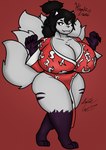 anthro asian_clothing big_breasts black_hair breasts cleavage clothed clothing east_asian_clothing female fur hair huge_breasts japanese_clothing kimono kimono_only looking_at_viewer multi_tail red_clothing red_kimono solo tail thick_thighs white_body white_fur wide_hips yellow_eyes isaiahtse hisako_irari canid canine fox mammal 2025 digital_media_(artwork) hi_res