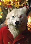 anthro autumn detailed_background duality fire forest fur greatcoat male photorealism plant realistic smile snarling solo tree white_body white_fur hedax jack_belinski canid canine canis mammal wolf half-length_portrait hi_res portrait