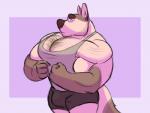 anthro biceps big_muscles black_nose body_hair bottomwear brown_body brown_fur bulge chest_hair clothing ear_piercing eyebrows fur huge_muscles looking_at_viewer male multicolored_body multicolored_fur muscular muscular_anthro muscular_male pecs piercing shirt shorts simple_background solo standing tan_body tan_fur tank_top thick_eyebrows topwear two_tone_body two_tone_fur lizard_soup donovan_(lizard_soup) canid canine canis domestic_dog mammal 2019 hi_res