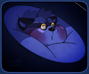 anthro blue_body blue_fur blue_hair blueberry_inflation blush body_inflation clothed clothing cross-eyed eyewear facial_markings fur glasses hair half-closed_eyes head_markings inflation looking_pleasured male markings mask_(marking) narrowed_eyes puckered_lips solo sunken_head swollen_cheeks jn_y4 mammal procyonid raccoon 2022 6:5