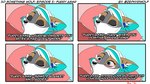 4_panel_comic anthro bed blue_background border canid canine canis cheek_tuft english_text eyes_closed facial_tuft female furniture green_highlights hair hi_res highlights_(coloring) humor inner_ear_fluff lying lying_on_bed mammal on_back on_bed pillow simple_background sleeping solo text tuft white_border white_hair wide_eyed wolf zephyri_q_wolf zephyriwolf