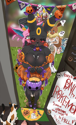 ambiguous_gender anthro anthro_focus big_breasts biped black_body black_fur black_nose blue_eyes blurred_background blush breasts brown_body brown_eyes brown_fur cleavage clothed clothing dipstick_tail ellipsis eyebrows eyelashes female female_focus feral front_view fur group hair holidays markings neck_tuft orange_clothing pink_body pink_fur pink_hair pupils red_eyes solo_focus standing tail tail_markings text thick_thighs trick-or-treating tuft white_hair fullpillow halloween nintendo pokemon eevee eeveelution espeon generation_1_pokemon generation_2_pokemon pokemon_(species) umbreon absurd_res english_text hi_res