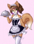 anthro biped breasts brown_hair choker clothed clothing female green_eyes hair jewelry legwear looking_at_viewer maid_headdress maid_uniform necklace pink_background raised_arm raised_tail simple_background small_breasts solo standing stockings tail tray uniform walking unicornblue sky_(sky) canid canine fennec_fox fox mammal true_fox hi_res male_(lore)