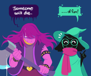 anthro axe bracelet clothing dialogue duo eyewear fangs fur glasses hat headgear headwear heart_symbol humor jewelry male melee_weapon scarf sharp_teeth spiked_bracelet spikes teeth text weapon symphysins deltarune undertale_(series) ralsei susie_(deltarune) bovid caprine darkner goat mammal reptile scalie 2018 6:5 english_text