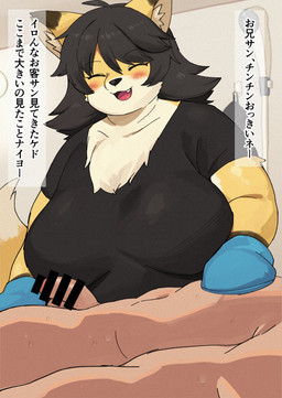 anthro big_breasts black_body black_fur black_hair bodily_fluids breasts censor_bar clothed clothing cute_fangs duo eyebrow_through_hair eyebrows eyes_closed faceless_character faceless_male fangs female female_focus fur genitals hair human_on_anthro humanoid_genitalia humanoid_penis interspecies kemono long_hair male male/female motion_lines multicolored_body multicolored_fur penis shirt solo_focus sweat t-shirt tan_body tan_fur teeth text topwear translucent translucent_hair white_body white_fur akitaka canid canine fox human mammal censored hi_res japanese_text translated