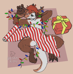 anthro claws ear_piercing ear_ring facial_piercing festive finger_claws gift male nose_piercing nose_ring piercing red_eyes ring_piercing solo string_lights tired toe_claws wrapped_up wrapping_paper biskierisky deer kobold mammal scalie absurd_res hi_res