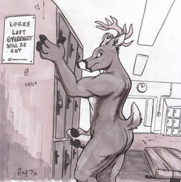 anthro antlers butt clock erection genitals horn locker locker_room male masturbation penile penile_masturbation penis solo text amtrack88 deer mammal english_text