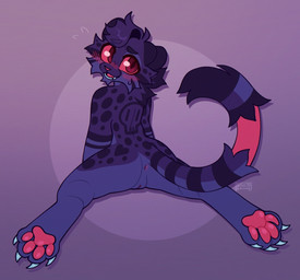 andromorph anthro anus blush blush_lines bodily_fluids chin_tuft claws digitigrade facial_tuft genitals glistening glistening_genitalia glistening_pawpads intersex kneeling looking_at_viewer looking_back markings pawpads paws purple_body rear_view red_eyes round_ears simple_background sitting solo spots spotted_markings spread_legs spreading stripes sweat sweatdrop tuft vulva pitstopcheetah diesel_(pitstopcheetah) cheetah felid feline mammal 2024 digital_media_(artwork) trans_(lore) trans_man_(lore)