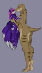 absurd_res anthro biped canid canine carrying_another carrying_partner duo eupelycosaur fangs female fox fur gorgonopsid hi_res male male/female mammal poojawa purple_body purple_fur sabertooth_(anatomy) siripim111 size_difference synapsid teeth therapsid