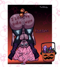ambiguous_fluids anal_beads anus basket blush breasts candy container dessert exposed_breasts female food gaping gaping_anus holidays looking_pleasured marker nipples sex_toy solo upside_down roughlove69 halloween chatene fan_character vampire