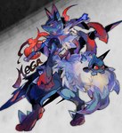 ambiguous_gender anthro back_tuft black_body black_fur blue_body blue_fur chest_spike duo fur holding_object multicolored_arms red_eyes simple_background spikes spikes_(anatomy) tail tuft kantarou nintendo pokemon generation_4_pokemon generation_6_pokemon mega_evolution mega_lucario pokemon_(species) riolu 2019