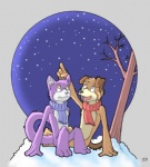 anthro blue_eyes brown_body brown_fur duo female flat_chested fur gesture hand_gesture looking_up male outside plant pointing pointing_up purple_body purple_fur scarf sitting sky smile snow snowing star stargazing tail tree wood yellow_eyes 7theaven housepets! grape_jelly_(housepets!) peanut_butter_(housepets!) canid canine canis domestic_cat domestic_dog felid feline felis mammal hi_res signature