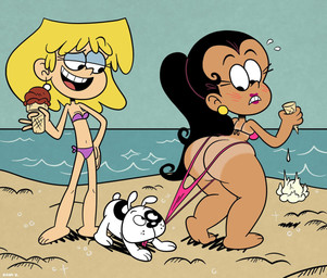 big_butt bikini butt clothing dessert female food group holding_food holding_ice_cream_cone holding_object ice_cream ice_cream_cone male open_mouth purple_bikini purple_clothing purple_swimwear swimwear teeth trio two-piece_swimsuit upper_teeth iguszilla nickelodeon the_loud_house carlota_casagrande lori_loud canid canine canis domestic_dog human mammal digital_drawing_(artwork) digital_media_(artwork)