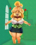 2019 animal_crossing anthro big_breasts black_nose blush bottomwear breakerpangolin breasts canid canine canis cleavage clothed clothing curvy_figure domestic_dog female fully_clothed fur hair heart_symbol hi_res huge_breasts isabelle_(animal_crossing) mammal monotone_bottomwear monotone_clothing monotone_skirt nintendo open_mouth pencil_skirt shih_tzu short_stack simple_background skirt solo spread_arms standing tan_body tan_fur thick_thighs toy_dog voluptuous wardrobe_malfunction wide_hips